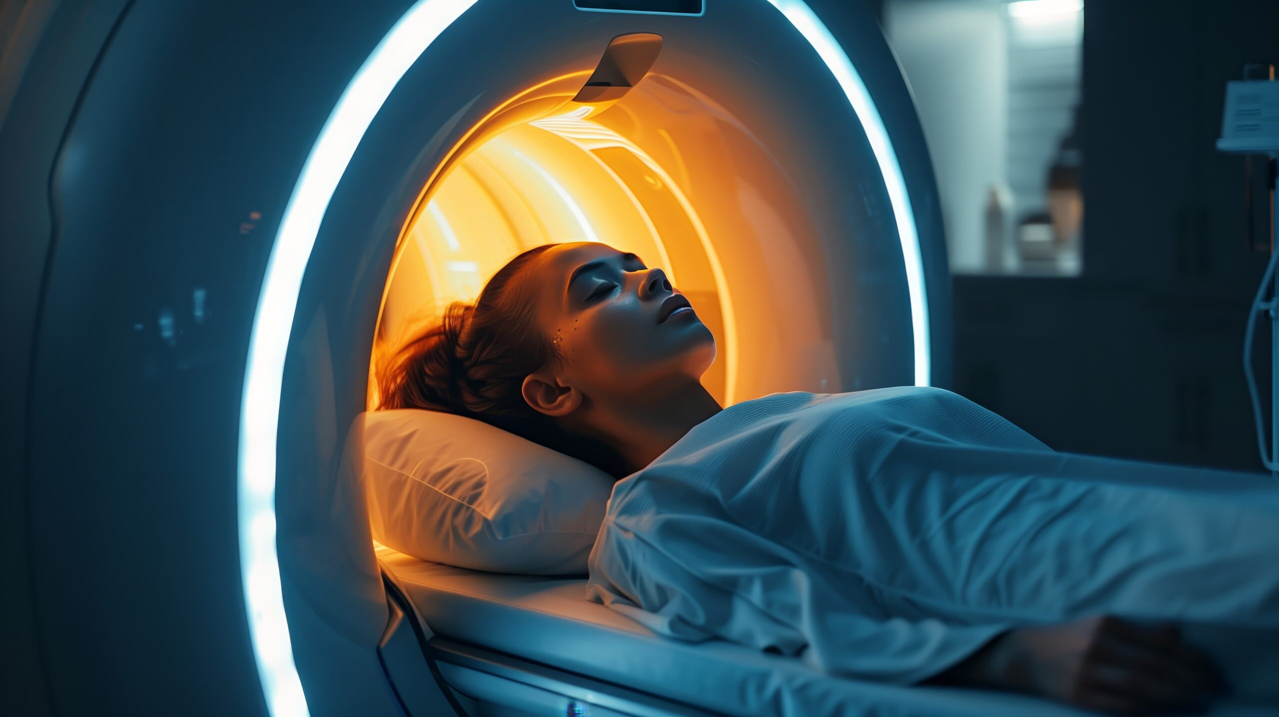 A woman is lying on the bed in an MRI scanner, with light shone onto her head in a style influenced by a futuristic sci-fi aesthetic