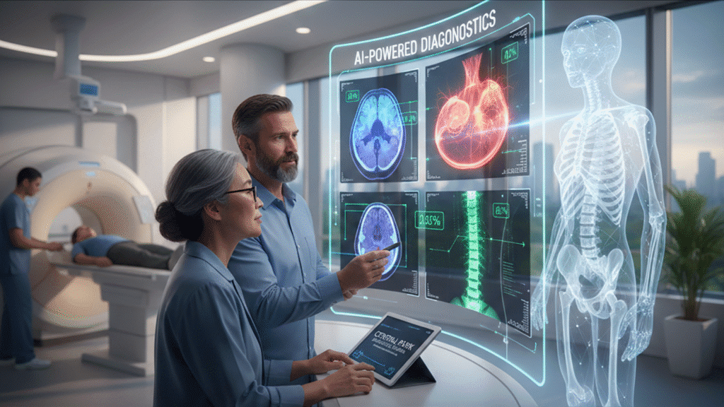 Two radiologists review medical images using an advanced AI-Powered Diagnostics system.