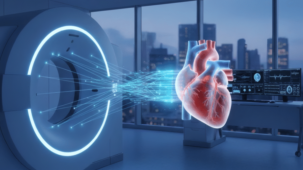 Visualization of a 640-slice CT scanner capturing a digital heart model for motion-free cardiac imaging.