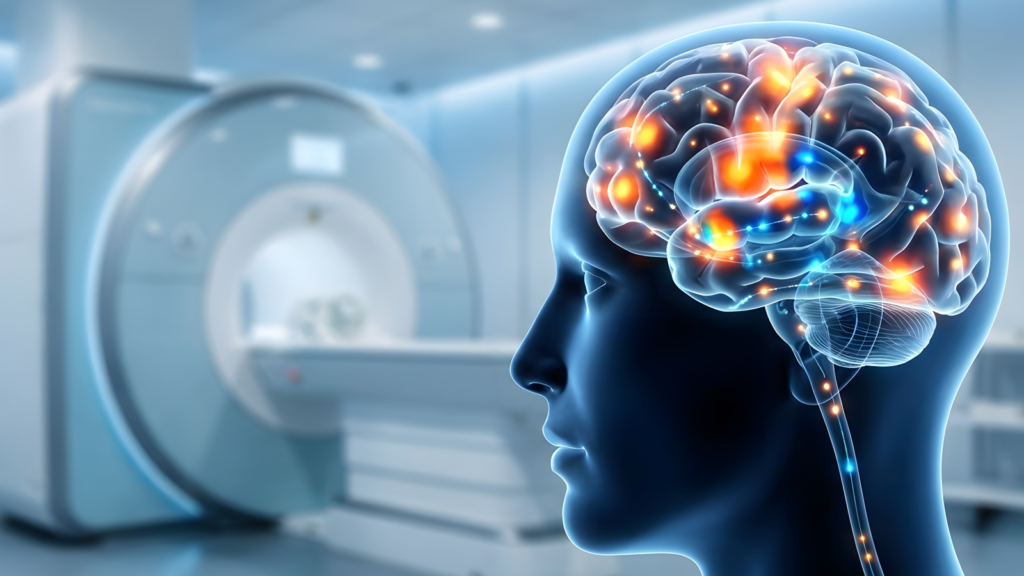Side profile illustration of a transparent human head revealing glowing orange and blue neural activity clusters, set against a blurred background of a wide-bore MRI scanner.