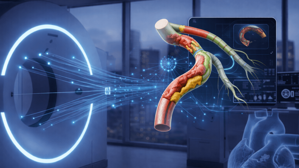 AI-enhanced coronary plaque mapping visualization showing 3D arterial analysis from a Cleerly heart scan at Central Park Advanced Imaging Manhattan