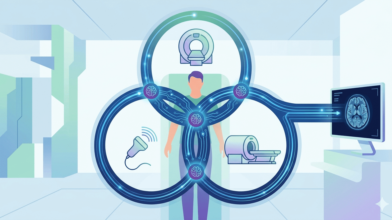 Medical infographic showing three interconnected AI systems for MRI Ultrasound and PET CT scans integrated into a single diagnostic facility